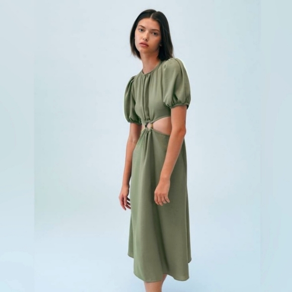 NWT Zara Olive Green Cut Out Midi Dress, Size L - Picture 4 of 12